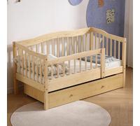 Lit pour enfant FCH avec tiroirs, dimensions 70x140 cm, lit-cabane avec sommier à lattes, lit à châssis avec espace de rangement et barrière amovible, finition naturelle