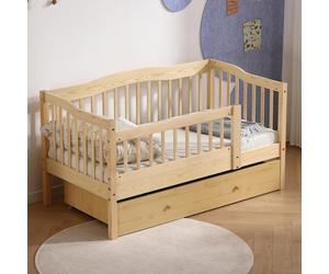 Lit pour enfant FCH avec tiroirs, dimensions 70x140 cm, lit-cabane avec sommier à lattes, lit à châssis avec espace de rangement et barrière amovible, finition naturelle
