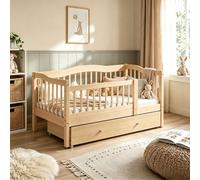 Lit pour enfant FCH avec tiroirs, dimensions 80x160 cm, lit-cabane avec sommier à lattes, lit à châssis avec espace de rangement et barrière amovible, finition naturelle