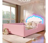 Lit pour enfant Flieks, 140x190 cm, avec tête de lit en forme de couronne, revêtement en similicuir, canapé-lit pour enfant, convertible en lit double, avec barrières de sécurité et sommier à lattes, 