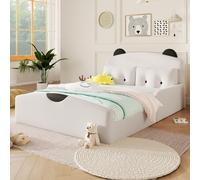 Lit pour enfant Flieks 140x200 cm avec 2 coussins décoratifs, lit double matelassé avec tête de lit en forme d'ours, lit plat transformable en lit de jeu avec barrière de sécurité, couleur : blanc lin