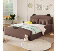 Lit pour enfant Flieks 140x200 cm avec 2 coussins décoratifs, lit double rembourré avec tête de lit en forme d'ours, lit plat transformable en lit de jeu avec barrière de sécurité, linge de maison, ca