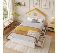 Lit pour enfant Flieks, 140x200 cm, avec 4 tiroirs, lit-cabane double avec sommier à lattes, lit capitonné avec espace de rangement et tête de lit en forme de maison, en velours, couleur beige