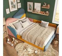 Lit pour enfant Flieks, 140x200 cm, avec barrière de sécurité, lit capitonné avec tête de lit colorée, lit en bois pour double, structure à lattes, revêtement en velours, couleur bleue
