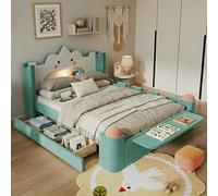 Lit pour enfant Flieks, 140x200 cm, avec éclairage LED et port USB, lit capitonné avec tiroir et étagère rabattable, lit double avec rangement et barrières de sécurité, en velours, couleur bleue