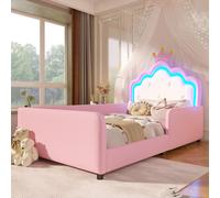 Lit pour enfant Flieks, 90x190 cm, avec tête de lit en forme de couronne, revêtement en similicuir, convertible en canapé, lit simple avec barrières de sécurité et sommier à lattes, couleur rose