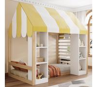 Lit pour enfant Flieks, 90x200 cm, avec baldaquin, lit-cabane avec étagère, lit simple à hauteur du sol avec barrière de sécurité et sommier à lattes, lit en bois pour enfant, finition naturelle