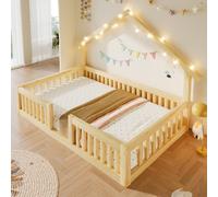 Lit pour enfant Flieks, 90x200 cm, avec barrière de sécurité, lit-cabane avec toit, lit à châssis bas, lit de jeu avec protection anti-chute, lit simple en bois, finition naturelle