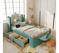 Lit pour enfant Flieks, 90x200 cm, avec éclairage LED et port USB. Lit rembourré avec tiroir et étagère rabattable. Lit simple avec protection anti-chute, en velours, de couleur bleue