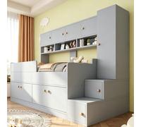 Lit pour enfant Flieks 90x200 cm avec tête de lit en similicuir, lit en bois avec rangement, lit pour adolescent, modèle classique avec armoire et escalier, couleur gris