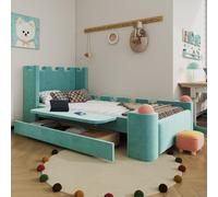 Lit pour enfant Flieks, 90x200 cm, avec tiroir, lit rembourré avec étagère rabattable sur le côté, lit simple en bois avec sommier à lattes et tête de lit, en velours, bleu