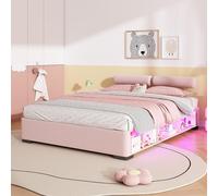 Lit pour enfant Flieks, dimensions 140x200 cm, avec appui-tête réglable, lit matelassé avec espace de rangement ouvert, lit double avec rangement, disponible en cuir, velours et rose