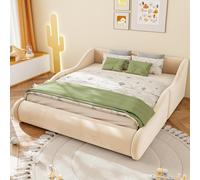 Lit pour enfant Flieks, dimensions 140x200 cm, avec barrière de sécurité, lit avec sommier à lattes et tête de lit rembourrée, lit double rembourré en bois avec revêtement en velours, couleur beige