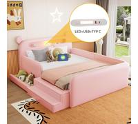 Lit pour enfant Flieks, dimensions 140x200 cm, avec veilleuse et port USB. Lit capitonné en forme d'ours. Lit double ludique avec escalier et tiroir, en similicuir, de couleur rose