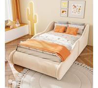 Lit pour enfant Flieks, dimensions 90x200 cm, avec barrière de sécurité, lit avec sommier à lattes et tête de lit rembourrée, lit simple rembourré en bois avec revêtement en velours, couleur beige