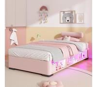 Lit pour enfant Flieks, dimensions 90x200 cm, avec repose-tête réglable, lit matelassé avec espace de rangement ouvert, lit simple avec coffre de rangement, disponible en similicuir, velours et rose