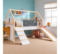 Lit pour enfant "Häuschen" de GINGER HOME, modèle Montessori, à deux étages, avec toboggan, tableau noir, et structure pour matelas de 90 x 200 cm