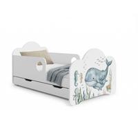 Lit pour enfant Happy Babies Novula avec barrières de sécurité, modèle garçon 140 x 70 cm, pour chambre d'enfant, avec tiroir, matelas, lit simple pour enfant, motif poisson