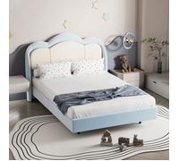 Lit pour enfant HOMAVO 140x200 cm, cadre en tissu rembourré, éclairage LED, musique relaxante, pour chambre d’enfant, bleu clair