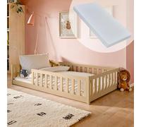 Lit d'enfant lit de sol 120x200 cm Lit avec matelas, protection contre les chutes & sommier Montessori Enfants Lit d'adolescent | pin naturel massif garçon fille