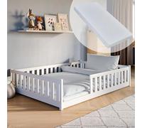 Lit d'enfant lit de sol 140x200 cm Lit avec matelas, protection contre les chutes & sommier Montessori Enfant Lit d'adolescent | blanc pin massif garçon fille