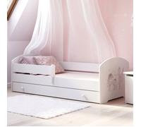 Lit pour enfant LUK - Blanc 140 x 70 cm avec barrière, tiroir et matelas - avec graphique de fillette avec une licorne
