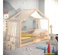 Lit pour enfant Malte, 90x200 cm – Lit de maison avec barrière de sécurité amovible, supportant jusqu'à 200 kg, sommier à lattes, lit Montessori au sol en bois massif de pin, finition naturelle