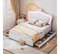 Lit pour enfant, matelas intégré, 140 x 200 cm, blanc. Structure de lit simple pour fille en simili cuir, avec des tiroirs de rangement et des éclairages LED