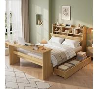 Lit pour enfant Merax, 140x200 cm, avec tiroir et table rabattable réglable jusqu'à 45°, lit en bois avec espace de rangement et étagère à la tête, lit pour adolescents avec sommier à lattes, finition