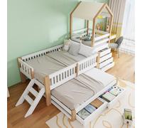 Lit pour enfant Merax, 90x200 cm, avec lit escamotable 90x190, lit-cabane avec 4 tiroirs et escalier, lit en bois avec auvent en tissu, lit simple en bois massif, finition naturelle
