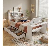 Lit pour enfant Merax, 90x200 cm, avec tiroir et table rabattable réglable jusqu'à 45°, lit en bois avec espace de rangement et étagère à la tête, lit pour adolescents avec sommier à lattes, blanc