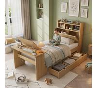 Lit pour enfant Merax, 90x200 cm, avec tiroir et table rabattable réglable jusqu'à 45°, lit en bois avec espace de rangement et étagère à la tête, lit pour adolescents avec sommier à lattes, finition 