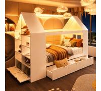 Lit pour enfant Merax, 90x200 cm, design en forme de maison, lit en bois avec deux tiroirs et éclairage LED, lit multifonction avec porte de rangement rabattable, lit à hauteur du sol, blanc