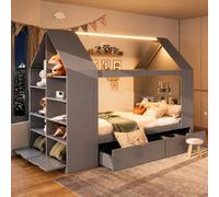 Lit pour enfant Merax, 90x200 cm, design en forme de maison, lit en bois avec deux tiroirs et éclairage LED, lit multifonction avec porte de rangement rabattable, lit à hauteur du sol, couleur gris