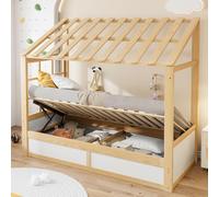 Lit pour enfant Merax de style champêtre, dimensions 90 x 200 cm, avec toit et fenêtres. Lit en forme de maison avec espace de rangement hydraulique. Lit en bois avec compartiments de rangement latéra