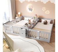 Lit pour enfant Merax, en bois, 90x200 cm, avec tiroirs et double étagère, lit plateforme double avec barrières de sécurité, lit de rangement pour frères et sœurs, couleur gris