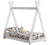 Lit pour enfant Onejda, design tipi. Structure en bois de pin, finition blanche. Dimensions : 70 x 140 cm
