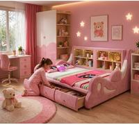 Lit pour enfant Rosa avec étagères et tiroirs, idéal pour une chambre de fille