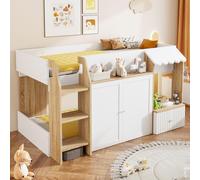 Lit pour enfants en forme de maison 90 x 200 cm avec échelle d'escalade et casiers, lit superposé en bois massif, lit ludique mi-haut, couleur bois/blanc