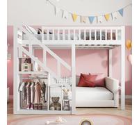 Lit pour enfants et adolescents - Lit superposé - 90 × 200 cm - Bois de pin - Barrières de sécurité - Escalier avec espace de rangement - Design moderne et minimaliste
