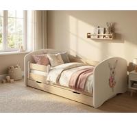 Lit pour tout-petits 140 x 70 cm avec espace de rangement | Lit d'enfant « Happy »Reproduction poire | Avec barrière de sécurité amovible