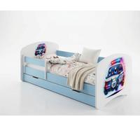 Lit pour tout-petits 140 x 70 cm, bleu, avec matelas, barrière de sécurité et tiroir de rangement | Lit à motif de grande qualité pour enfants