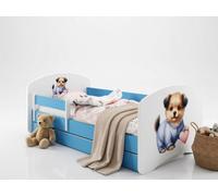 Lit pour tout-petits 140 x 70 cm, bleu, avec matelas, barrière de sécurité et tiroir de rangement | Lit à motif haut de gamme pour enfants, chien