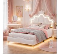 Lit princesse 140x190 avec LED, Lit enfant 140x190 cm avec tête de lit en forme de couronne réglable, Lit fille 140x190 cm, Blanc