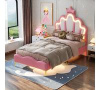 Lit princesse 90x200 en Forme de Couronne, Lit Enfant avec LED et Tête de Lits Réglable, Cadre Lits 1 Place en Nuages pour Ado et Fille, Rose PU