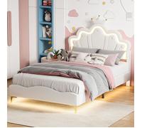 Lit princesse enfant 140x190cm avec éclairage LED,tête de lit Couronne et réglable en Hauteur,sommier à lattes en bois,PU,Blanc