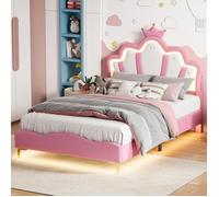 Lit princesse enfant 140x190cm avec éclairage LED,tête de lit Couronne et réglable en Hauteur,sommier à lattes en bois,PU,Rose