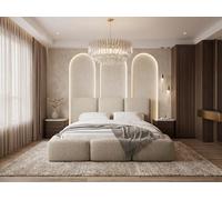Lit Rembourré 120x200 Coffre avec Rangement - Capitonné Crème en Tissu Bouclette - Double Moderne avec Tête De Lit - Cadre De Lit avec Sommier à Lattes - Adulte - Harmony - Beige