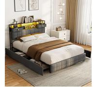 Lit rembourré 140×200 cm avec LED et USB, Lit 2 personnes avec 4 grands tiroirs, Tête de lit avec rangement et 2 tiroirs, PU, Gris