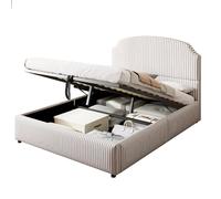Lit rembourré 140/200 cm blanc avec rayures charbon en tissu avec rangement hydraulique